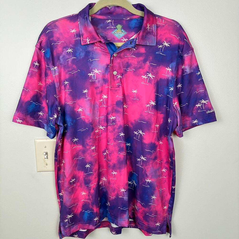 Chubbies Performance Polo Bamboo Galaxy Palm Trees Golf Shirt Size S Stretch